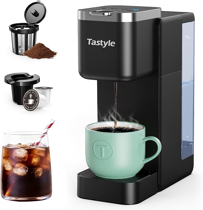 Single Serve Coffee Maker Iced and Hot Coffee Machine for K Cup &amp Grounds Compact Design 40oz Removable Water Reservoir 6 to 24 Oz Brew Sizes Fits 7.3 Travel Mug Black