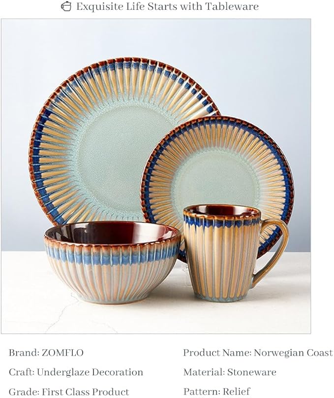 Stoneware Dinnerware Set of 4 4 Pieces Ceramic Dinner Plates Bowl Mug for Kitchen – Unique Gift Idea Scratch Resistant Dishes Dishwasher &amp Microwave Safe (Norwegian Coast)