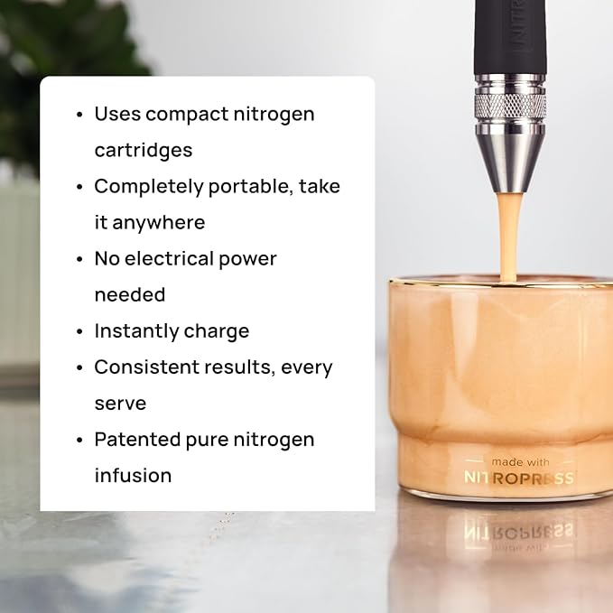 Original NitroPress - Nitro Cold Brew Coffee Maker | Portable Nitrogen Infuser for Smooth Nitro Drinks Cold Brew Cocktails &amp Tea at Home or On the Go | Uses N2 Cartridges | Stainless Steel Desig