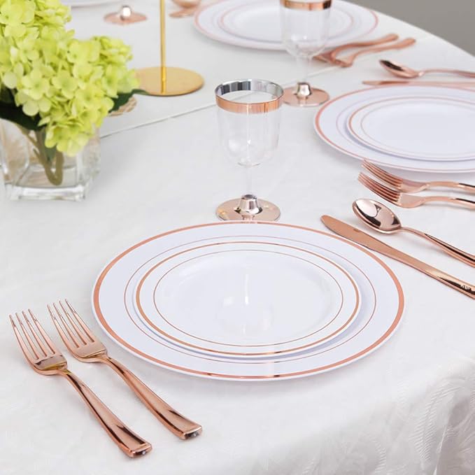 WDF-125PCS Rose Gold Plastic Silverware&ampDisposable Plastic Plates - Disposable Plates include 25 Dinner Plate25 Salad Plate25 Forks 25 Knives 25 Spoons for Wedding Party Birthday