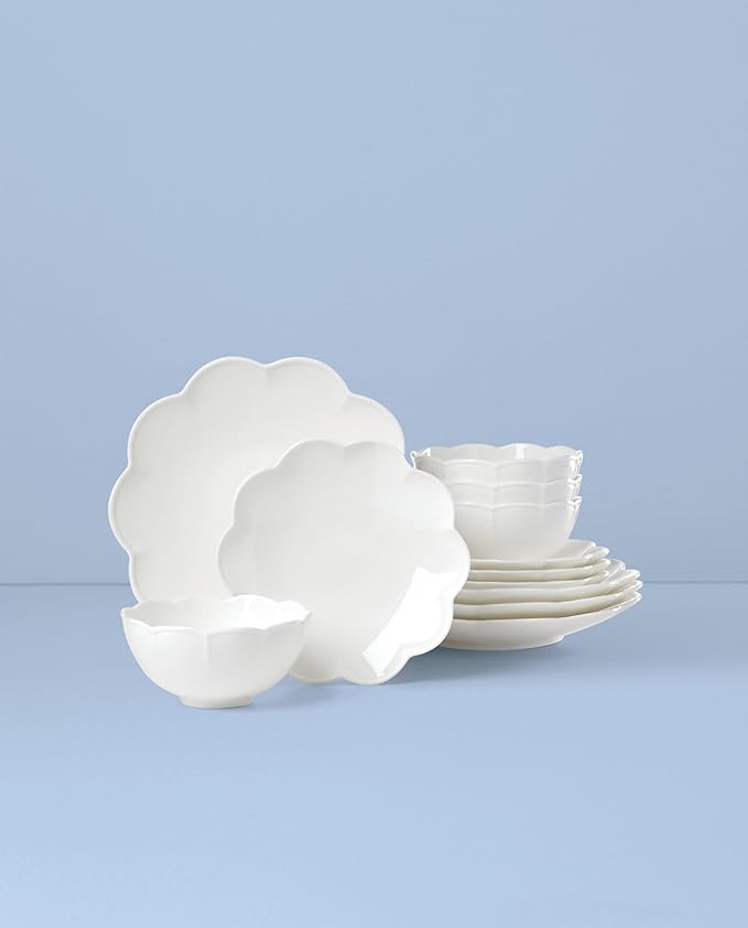 Lenox Dinnerware Set Studio 1414 Scallop 12-Piece Set Service For 4 Bone China Material Dishwasher &amp Microwave Safe Home And Kitchen Kitchen And Dining Plates And Bowls Sets (White 12 Piec