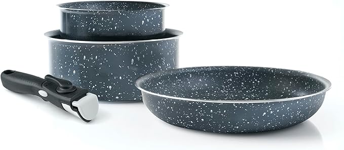 by Brandt 194-009 4-Piece Cookware Set Set of 2 Cooking Pots Aluminium 16/20 cm Grey Marble and 1 Sauté Pan 24 cm Marble Grey Aluminium