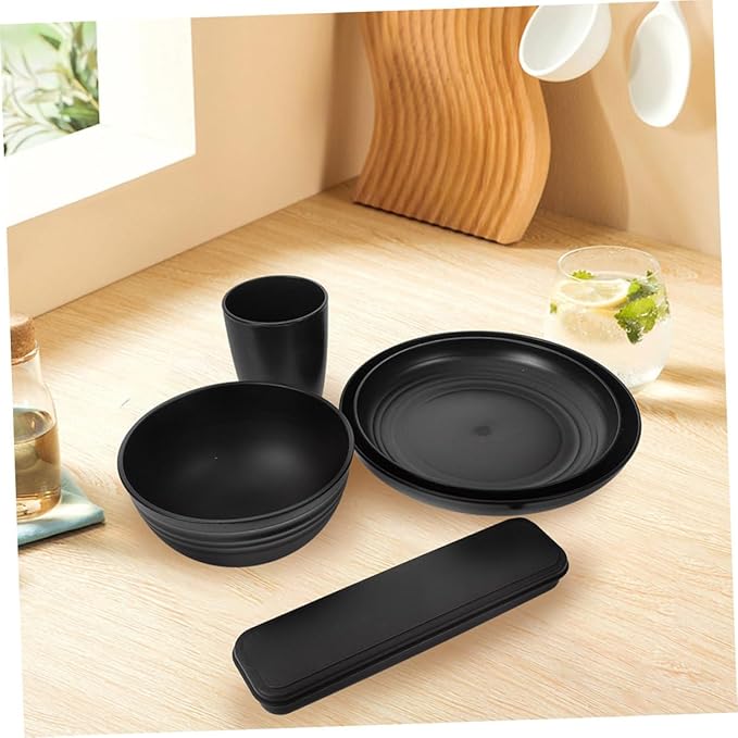 20pcs Black Dinnerware Set for 4 People with Cutlery Bowls Plates and Cups – Reusable Portable Utensils for Picnic and Camping Lunch Boxes