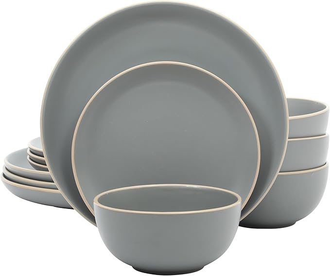Gibson Home Rockaway 12-Piece Stoneware Dinnerware Set Matte Finish Service for 4 Modern Ceramic Plates and Bowls Microwave &amp Dishwasher Safe – Soft Gray - Service for 4