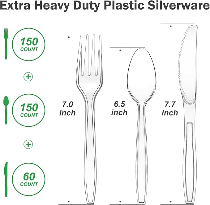 360 Count Extra Heavy Duty Clear Plastic Silverware 150 Forks 150 Spoons 60 Knives BPA-Free Heat Resistant Disposable Plastic Utensils Set Plastic Cutlery Set Plasticware Bulk