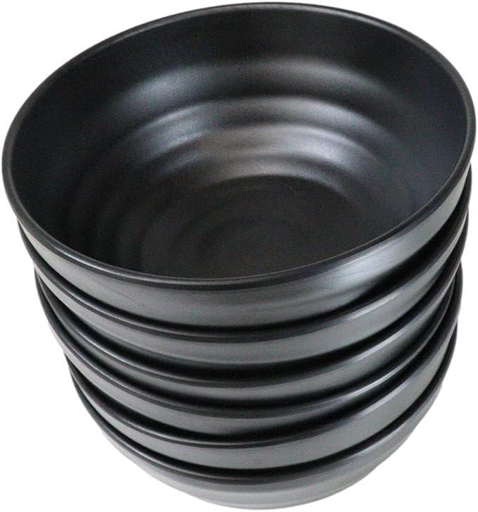 Ebros Gift Contemporary Ridged Matte Black Melamine Series Dinnerware Serveware Kitchenware Set Japanese Chinese Restaurant Supply (Pack Of 6 Round Deep Ramen Soup Pasta Salad Bowls 46oz)