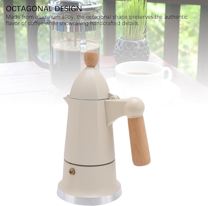 SIXRUN Aluminum Alloy Octagonal Percolator Coffee Pot Maker with Safety Valve and Beech Wood Handle (White)