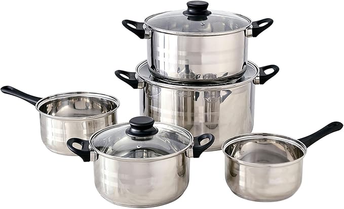 Well Home Set of 8pc Stainless Steel Cookware + 3 Frying Pans Ø16Ø20Ø24cm Black in Pressed Aluminium