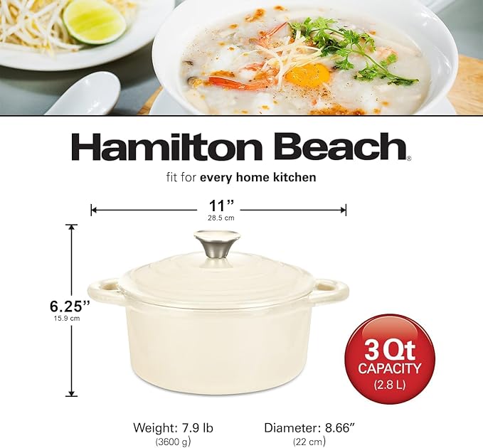 Hamilton Beach 3-Quart Enameled Cast Iron Dutch Oven Pot with Lid Cream