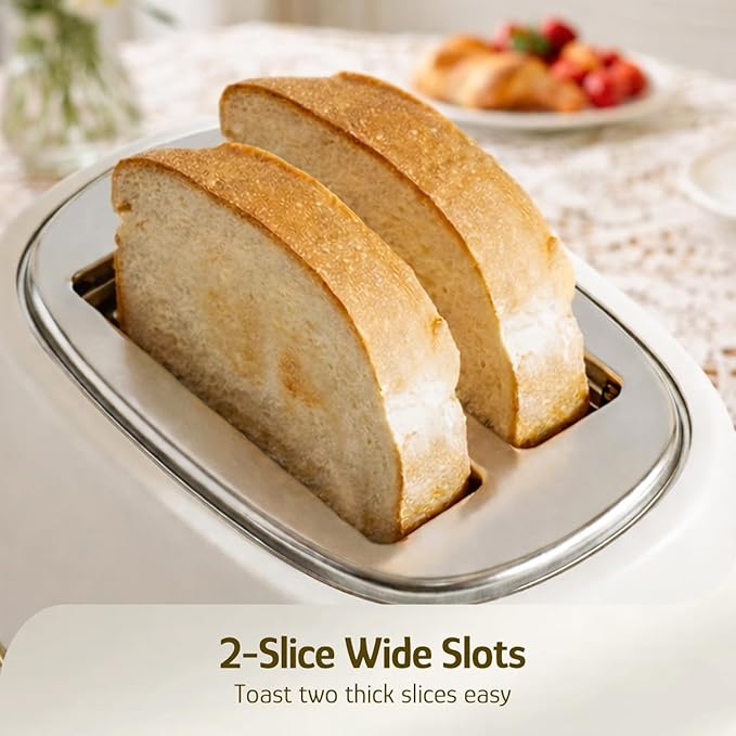 Hazel Quinn 2-Slice Retro Toaster 6 Browning Levels 3 Functions-Defrost/Reheat/Cancel Removable Crumb Tray for Easy to Clean 1.5 Inches Extra Wide Slots - Pearl White