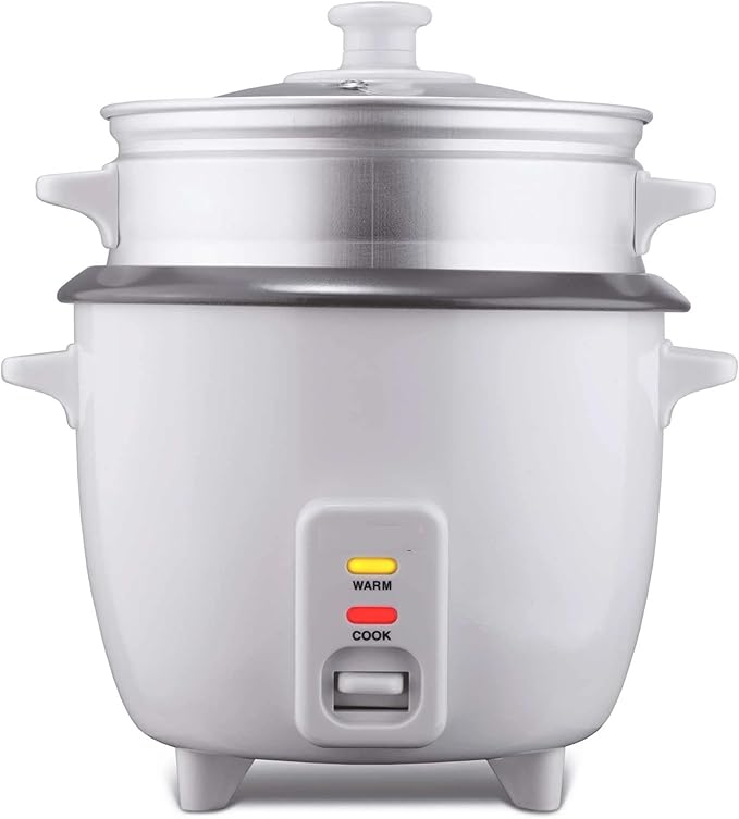 Electric Rice Cooker and Steamer – 4 5 8 or 15 Cup Non-Stick Rice Maker with Food Steamer Tray – One-Touch Operation Keep Warm Function Glass Lid White (15 Cup)