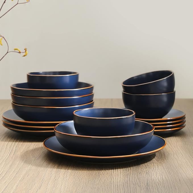 Stone Lain Brasa Stoneware 16 Piece Modern Dinnerware Sets Plates and Bowls Service for 4 Blue Microwave &amp Dishwasher Safe