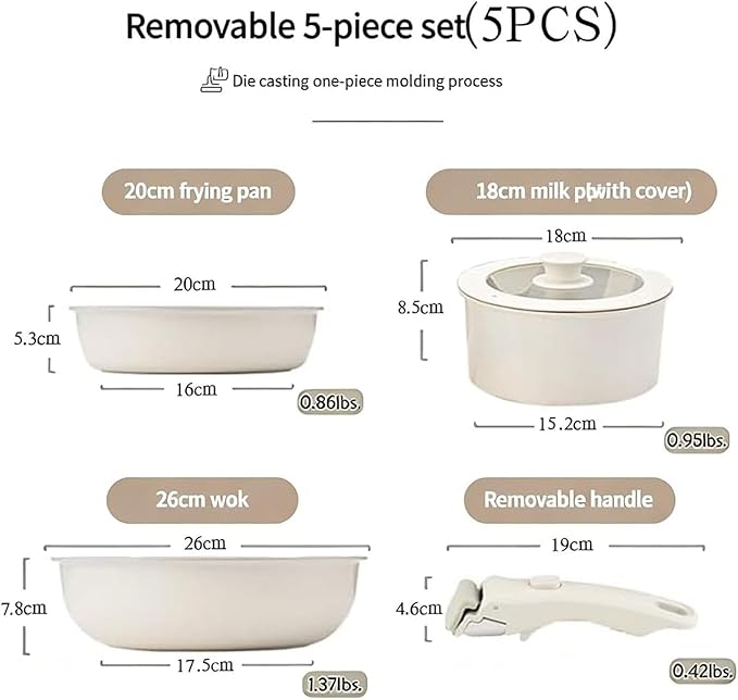 Cookware Set 9 Piece Removable Handle Cookware Set Stackable Non-Stick Ceramic Cooking Set for Kitchen Dishwasher and Oven Safe RV Essentials (9PCS)