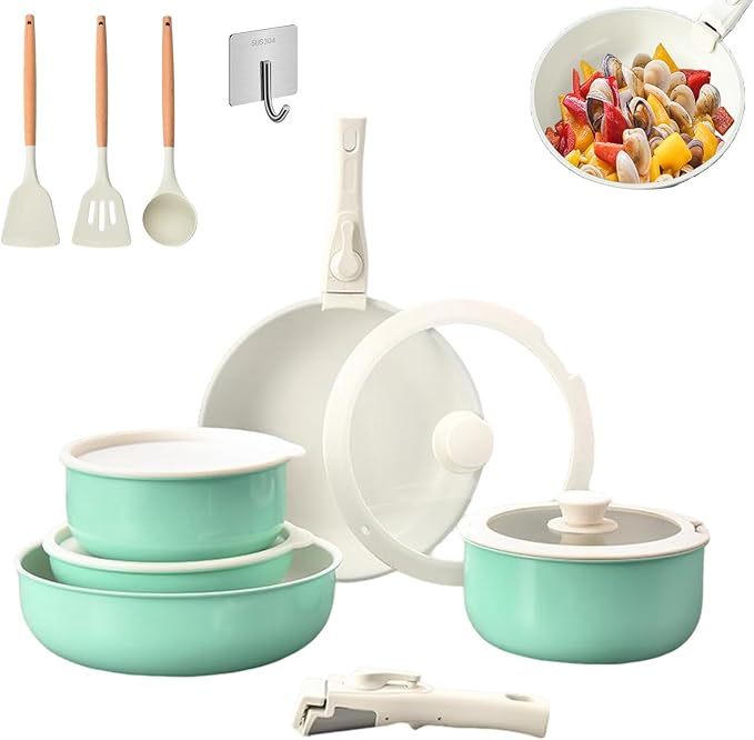 Pots and Pans Set Non Stick Cookware Set with Detachable Handles 5/11 Piece Ceramic coating Cooking Set with Frying Pan Saucepan Stock Pot Suitable for All Stovetops Dishwasher Safe (Green11)