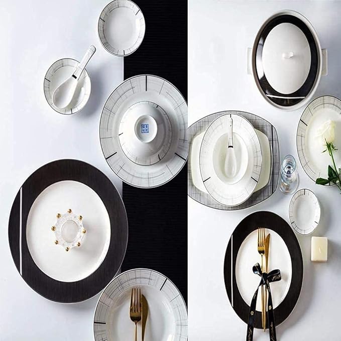 Dinnerware Sets - Luxury Gift Dishes Service Set Dinner Set 66 Pieces Porcelain Dinnerware Set Modern Black and White Overglaze Tableware Combination Suitable for 10 Persons