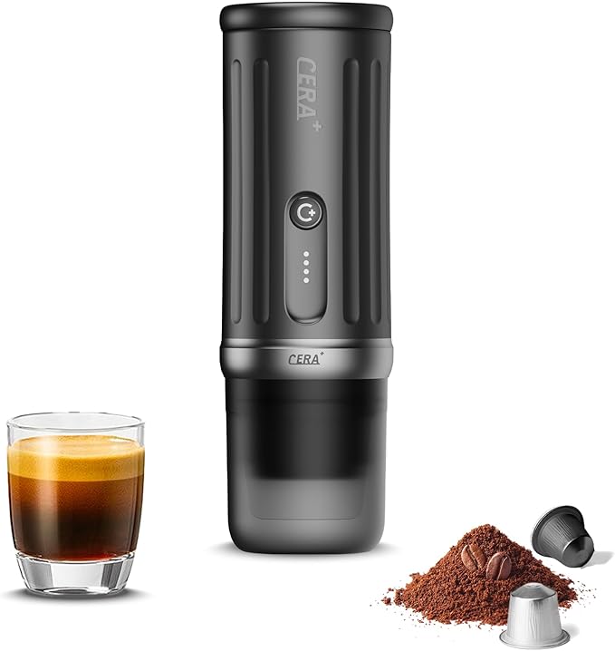 CERA+ Portable Coffee Maker Electric Espresso Machine Self-Heating 8 Cups per Charge &amp 20 Bar Small Coffee Maker for Travel &amp RV Single Serve Coffee Maker with USB-C Works with NS Capsules &