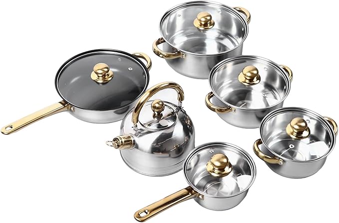 Home Stainless Steel Cookware Sets 12 Piece Pots and Pans Kitchen Cooking Set with Stay Cool Handles Dishwasher  Included Milk Pot Sauce Pan Fry Pan Kettle