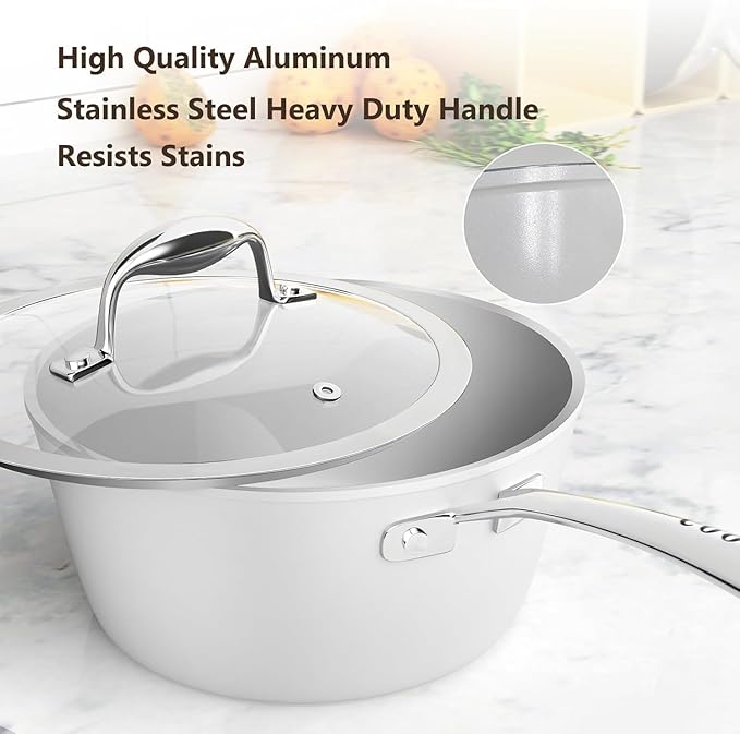 COOKSMARK Nonstick Ceramic Cookware Set Induction &amp Dishwasher Safe Scratch-Resistant Pots and Pans Set with Glass Lids 10 Pieces White