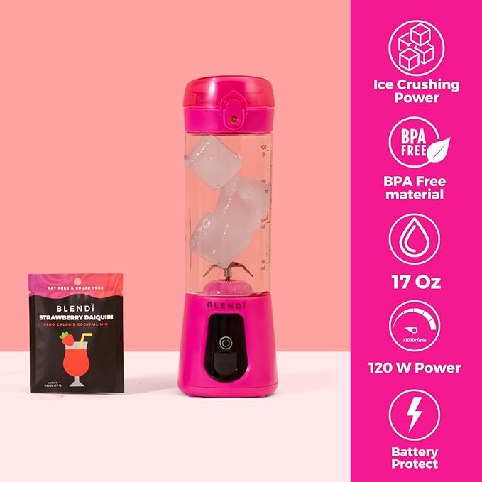 BLENDi Pro+ Portable Blender (New 2025 Model 17.5oz Hot Pink) – Upgraded Ice Crushing 120W Motor USB-C Rechargeable Cordless Personal Blender Smoothies &amp Shakes – BPA-Free Travel-Friendly