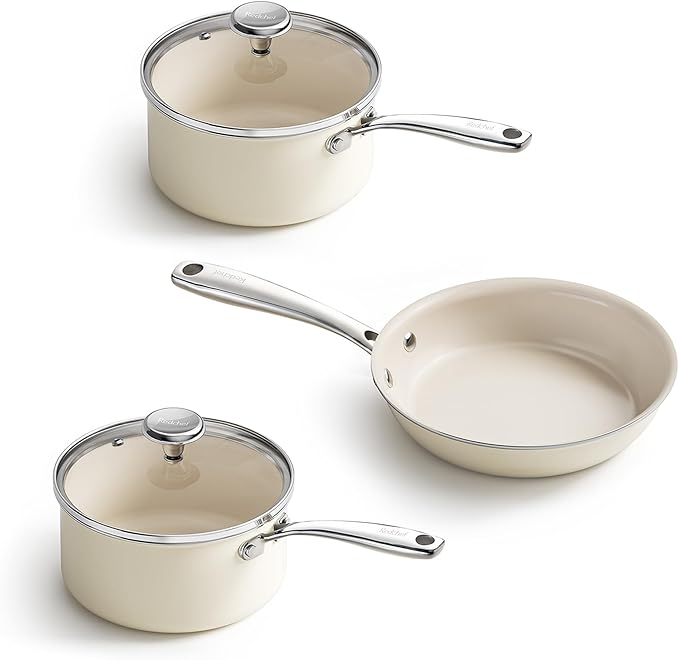 Redchef Nonstick Mini Cookware Set 8Ceramic Fry Pan 2.5QT Small Saucepan with Lid*2Cooking Pot with Stay-Cool Handles Compatible All Stovetops PFAS PFOA &amp PTFEFree (Beige)