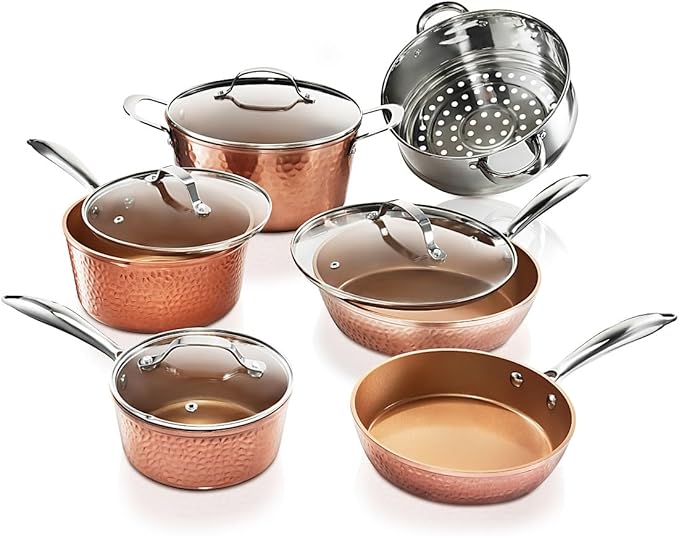 Gotham Steel Hammered 15 Pc Ceramic Cookware Set Induction Pots and Pans Set Non Stick with Cooking Utensils &amp Steamer Non Toxic Ceramic &amp Titanium Coating PFOA PFOS Free Oven &amp Dishwas