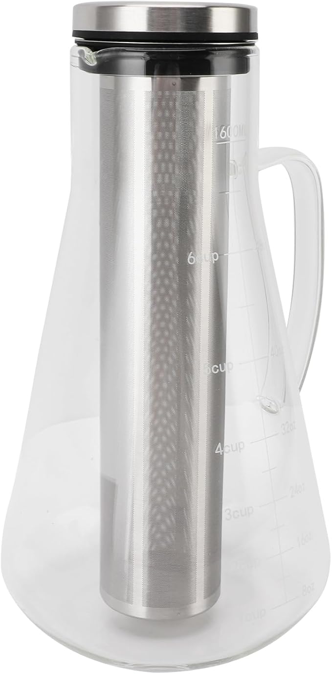 Asixxsix Cold Brew Coffee Maker 1600ML Temperature Proof Glass Pitcher with Stainless Steel Filter Iced Coffee Maker for Iced Ice Tea Fruit Drinks