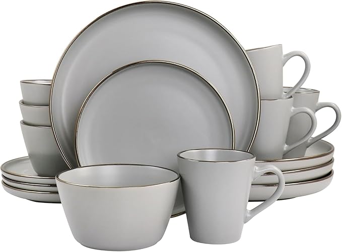 16 Piece Stoneware Dinnerware Set with Gold Rim – Matte Black White &amp Slate Plates Bowls and Mugs – Microwave &amp Dishwasher Safe Tableware Set for 4 (Matte Slate)