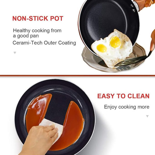 10pcs Cookware Set Non-stick Frying Pans Set Ceramic Coating Soup Pot Milk Pot Copper Aluminum Pan with Lid Gas Induction Compatible 1 Year
