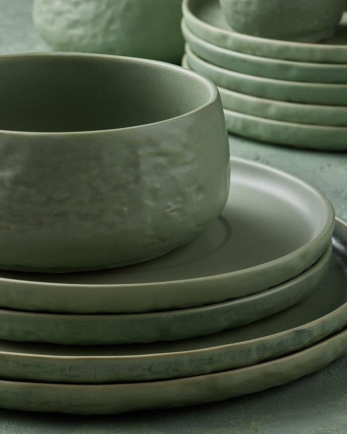 Stone by Mercer Project SHOSAI 16-Piece Stoneware Dinnerware Set Plates and Bowls Set Modern Dishware set fo 4 Sage