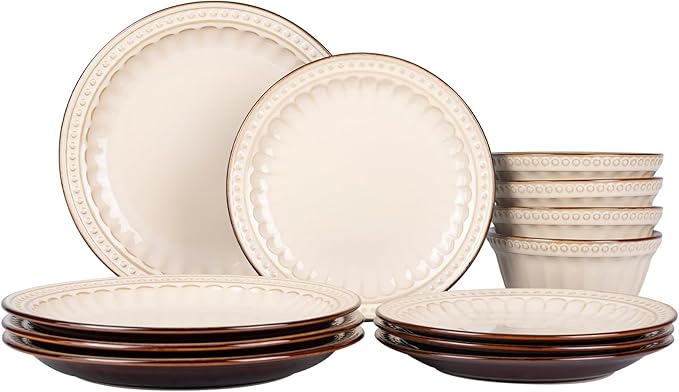 Dinnerware Set Cream White 12 Pieces Service for 4 Stoneware Plates and Bowls Set Stoneware Set Dishwasher Microwave Safe Dishes set