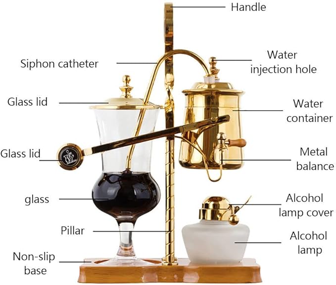 Belgian/Belgium Luxury Balance Syphon Coffee Maker Elegant Double Ridged Fulcrum with Tee Handle Gold
