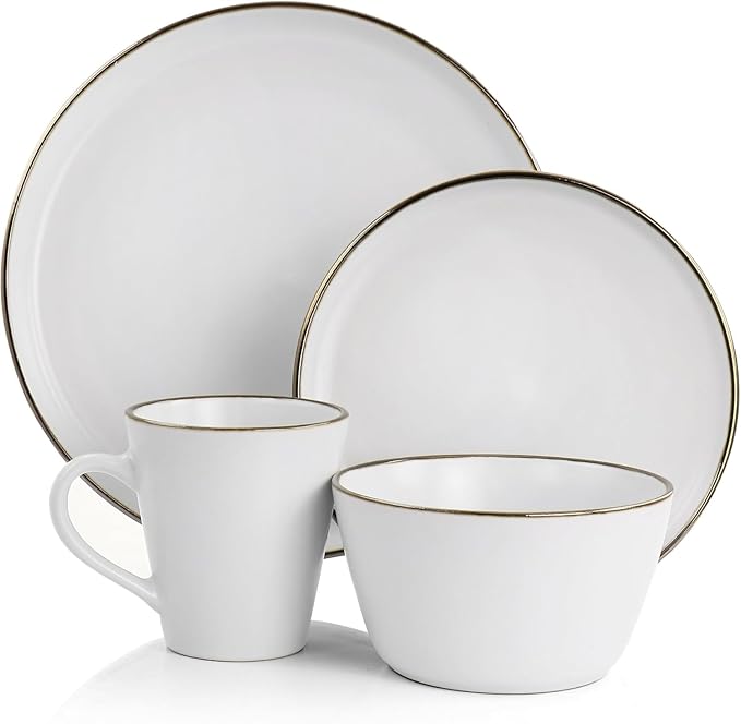 16 Piece Stoneware Dinnerware Set with Gold Rim – Matte Black White &amp Slate Plates Bowls and Mugs – Microwave &amp Dishwasher Safe Tableware Set for 4 (Matte White)