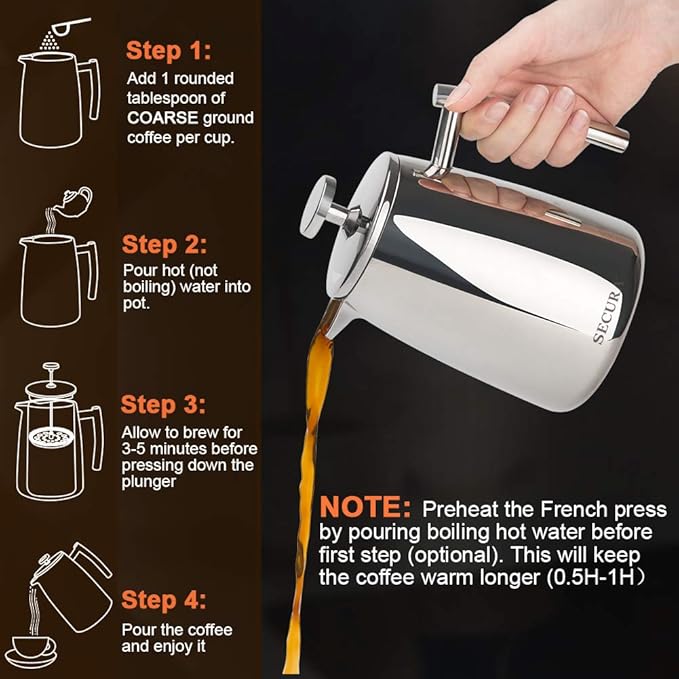 Secura French Press Coffee Maker 17-Ounce 304 Stainless Steel Insulated Coffee Press with Extra Screen