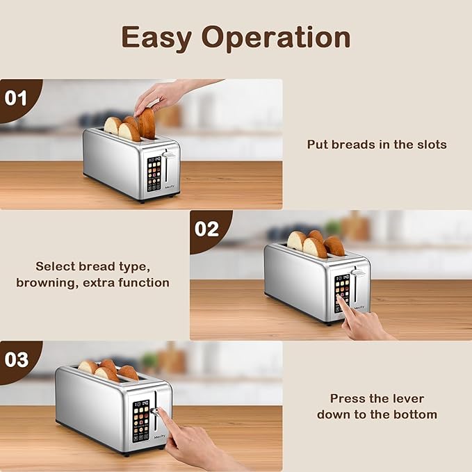 Mecity Touchscreen Toaster 2 Long Slots for 4 Slices Digital Bread &amp Browning Control Stainless Steel Slim Toaster with Bagel Gluten-Free Defrost &amp Reheat 120V 1400W