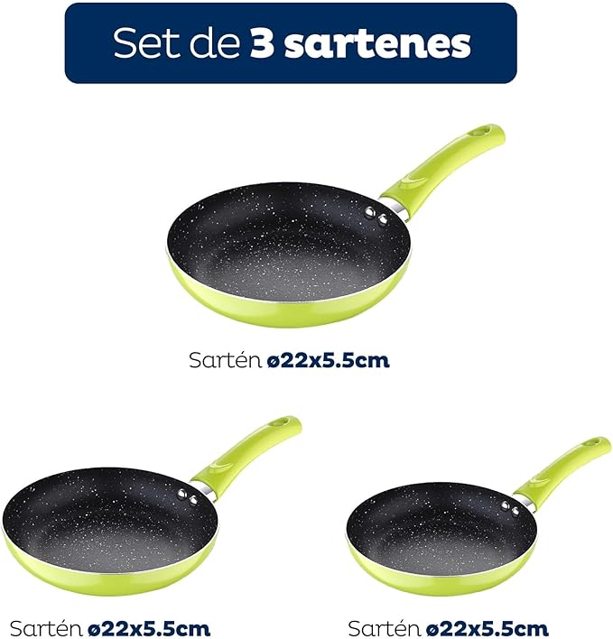 Set 3pc Frying Pan (20+24+28cm) Green Pressed Aluminum with Set 3pc Kitchen Utensils Silicone Wood with Set 4pc Stainless Steel Knives