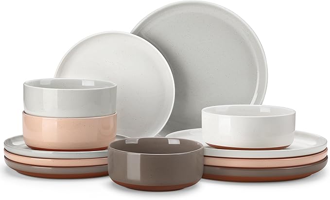 MALACASA Plates and Bowls Sets 12 Pieces Modern Stoneware Dinnerware Set for 4 Kitchen Dinner Set Ceramic Dishware Dishes Set Microwave and Dishwasher Safe Multicolor Series TARA