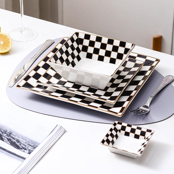 Porlien Checker Porcelain Square Dinnerware Set for 4 Dishes Set for 4 with 3.3-inch Dipping Saucers Black and White Plates and Bowls Set