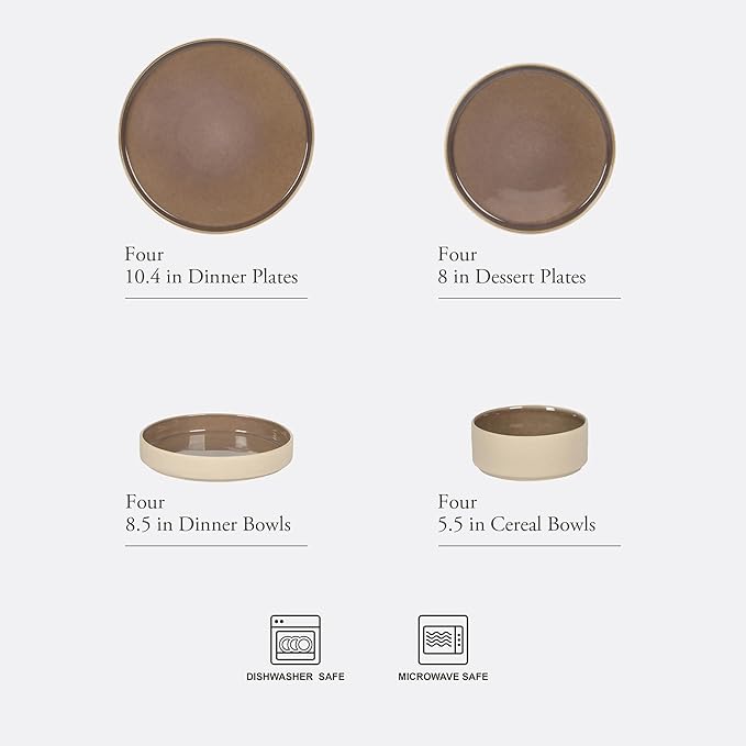 Gibson Elite Liberty Bay 16-Piece Pottery Clay Stoneware Dinnerware Set – Mocha Brown Reactive Glaze Stackable Plates and Bowls W/Pasta Bowl Service for 4 – Microwave &amp Dishwasher Safe