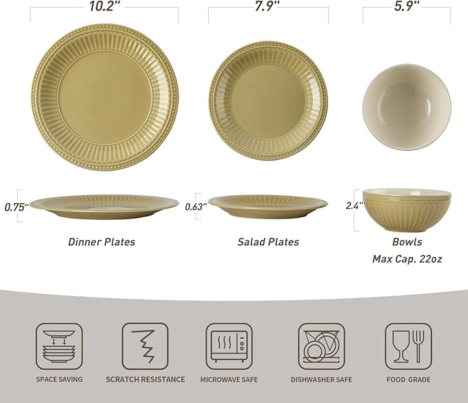 Famiware Garden Plates and Bowls Set for 6 18-Piece Kitchen Dishes Dinnerware Set - Microwave and Dishwasher Safe Scratch Resistant Reactive Glaze and Embossed Stoneware Tableware Yellow