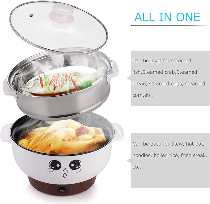 Electric Skillet 4-in-1 Multifunctional Electric Cooker Skillet Grill Pot for Cooking Rice Hotpot Soup Steam Eggs Fried Noodles Small Kitchen Cooker Non-Stick (3.2L with Steamer)