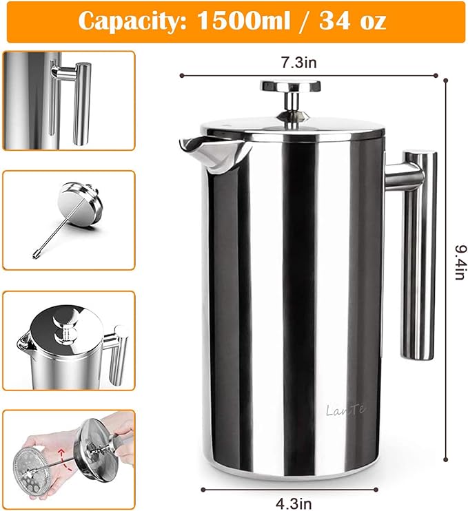 French Press Coffee Maker 1.5L Double Insulated 304 Stainless Steel Tea Maker 4 Level Filtration System No Coffee Grounds Rust-Free Dishwasher Safe 50oz Coffee Press for Family Party
