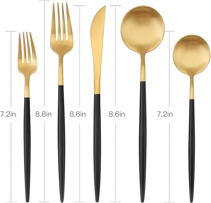 Matte Gold Silverware Set with black handle Bysta 20-Piece Stainless Steel Flatware Set Kitchen Utensil Set Service for 4 Tableware Cutlery Set for Home and Restaurant Dishwasher Safe