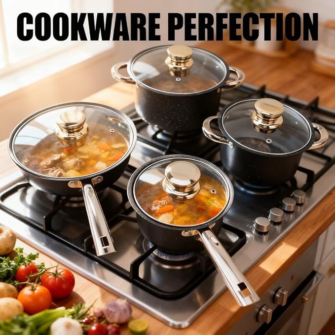 Cookware Set Stainless Steel with Maifan Stone Nonstick Coating 4 - Piece Pots and Pans with Glass Lids - Eco - Friendly Cooking Even Heat Distribution Ideal for Every