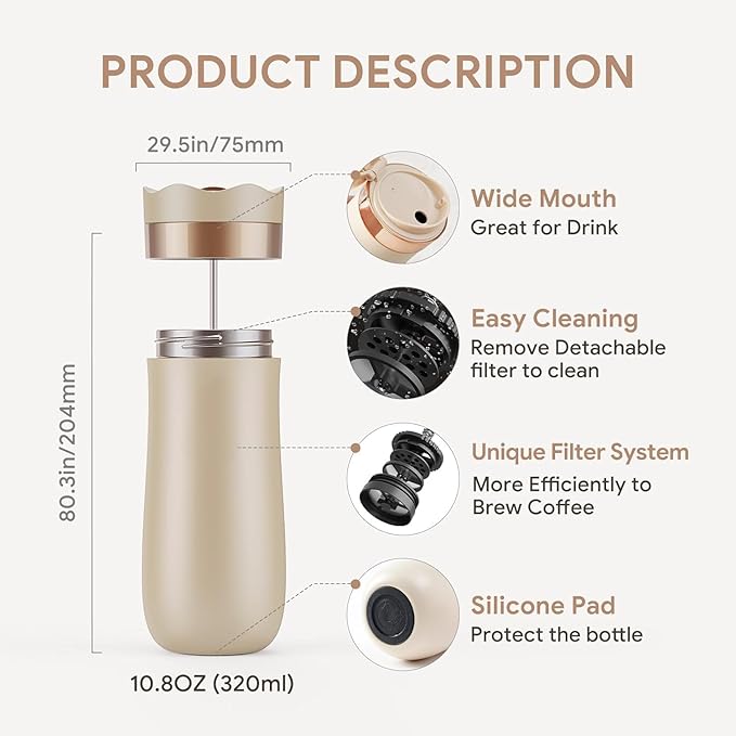 BRBHOM The Original Portable French Press Stainless Steel Coffee Maker Premium Vacuum Insulated Travel Mug Hot &amp Cold Brew French Presses (OFF-WHITE)