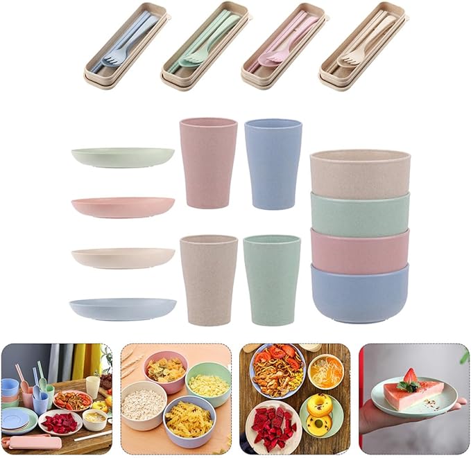 Portable Wheat Fiber Dinnerware Set 28pcs with Plates Bowls Cups and Cutlery Reusable Eco-friendly Tableware for Camping Travel and Everyday Use