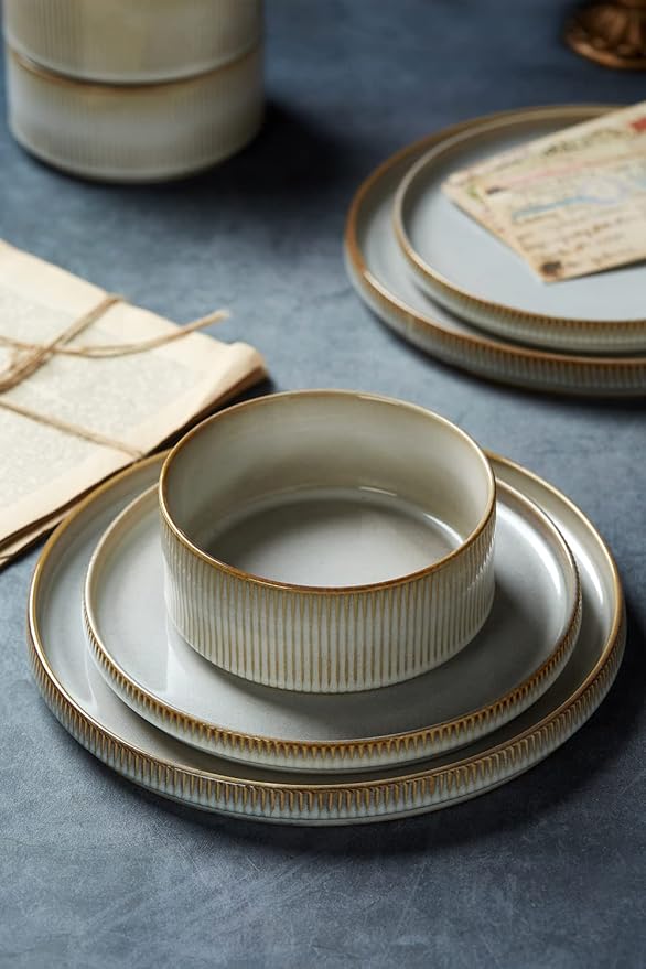 Famiware Dinnerware Set - 26 Piece (12 Dinnerware 4 Pasta Bowls 6 Dipping Bowls) - Star Stoneware Dishes - Cappuccino White