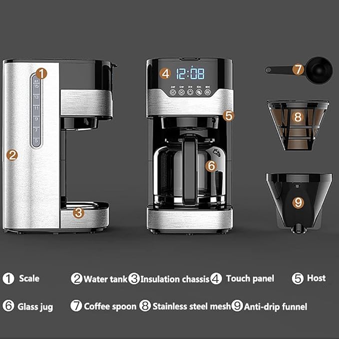 Filter Coffee Machine Home Stainless Steel Coffee Tea Pot 1.5 L Capacity 24-Hour Programmable Brewing Coffee Maker with 3 Brew Strength ControlTouch Screen