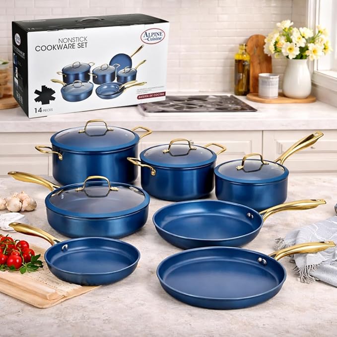 Alpine Cuisine 14-Piece Forged Aluminum Cookware Set with Stainless Steel Handles Induction-Ready Pots &amp Pans Glass Lids with Silicone Rim Blue