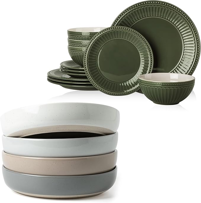 famiware 16 Pieces Plates and Bowls Dinnerware Sets for 4 Multicolor &amp Green