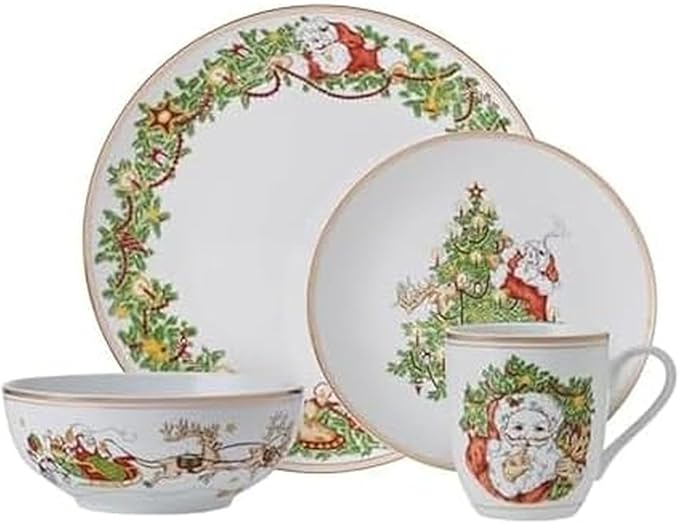 Fitz and Floyd St. Nicholas Gold Banded Holiday 16 Piece Dinnerware Set Service for 4